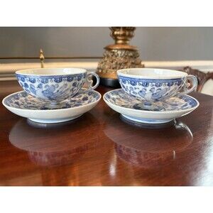 Fine Rooster Pattern Blue and White Eggshell Teacup & Saucer Set Marked